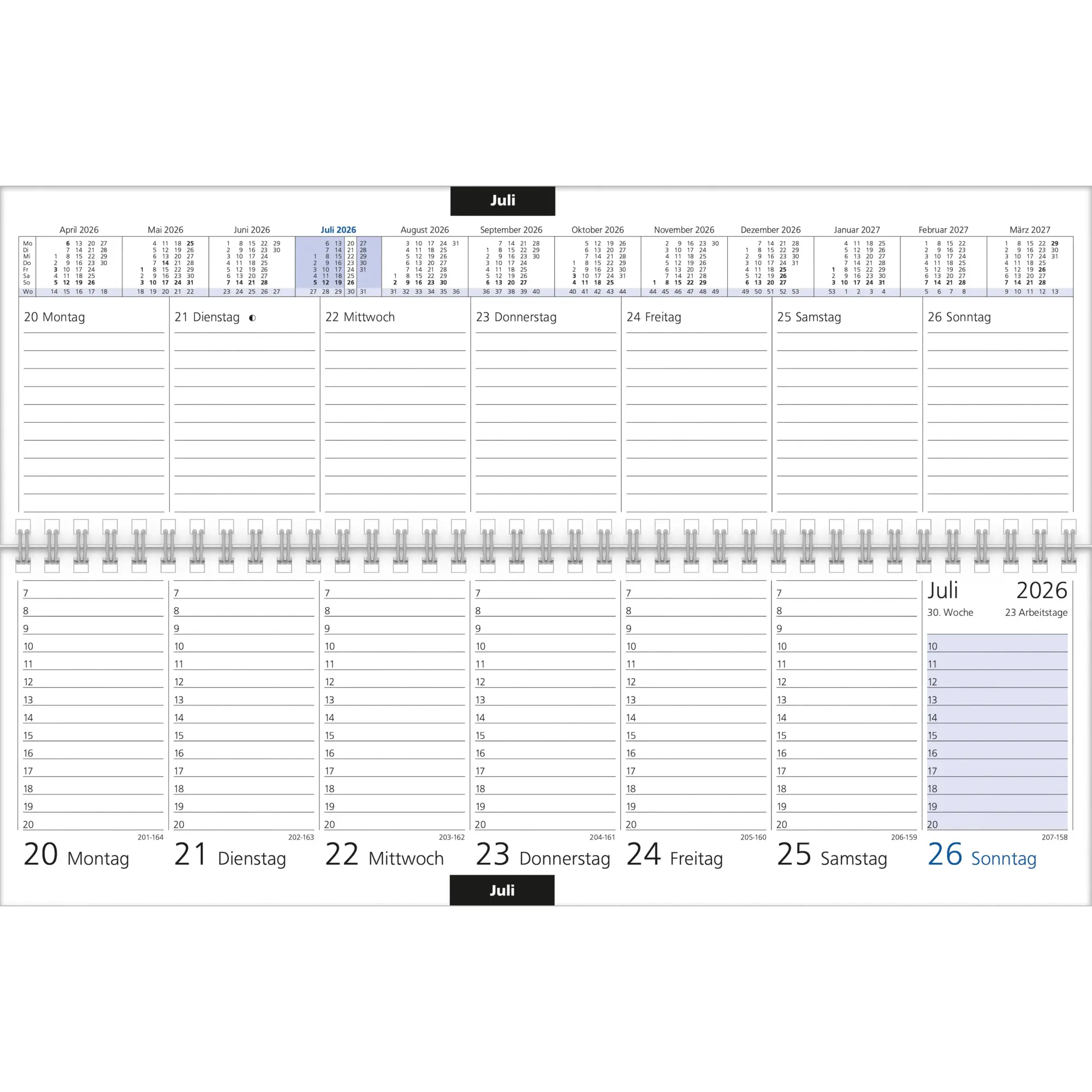 Bild: 4069095000537 | Tischquerkalender blau 2026 - 32x10,5 cm - 1 Woche auf 2 Seiten -...