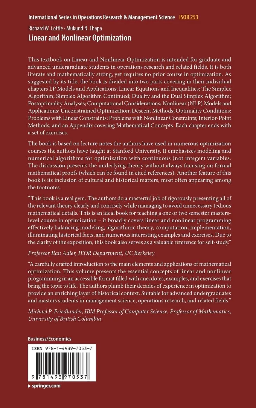 Rückseite: 9781493970537 | Linear and Nonlinear Optimization | Mukund N. Thapa (u. a.) | Buch