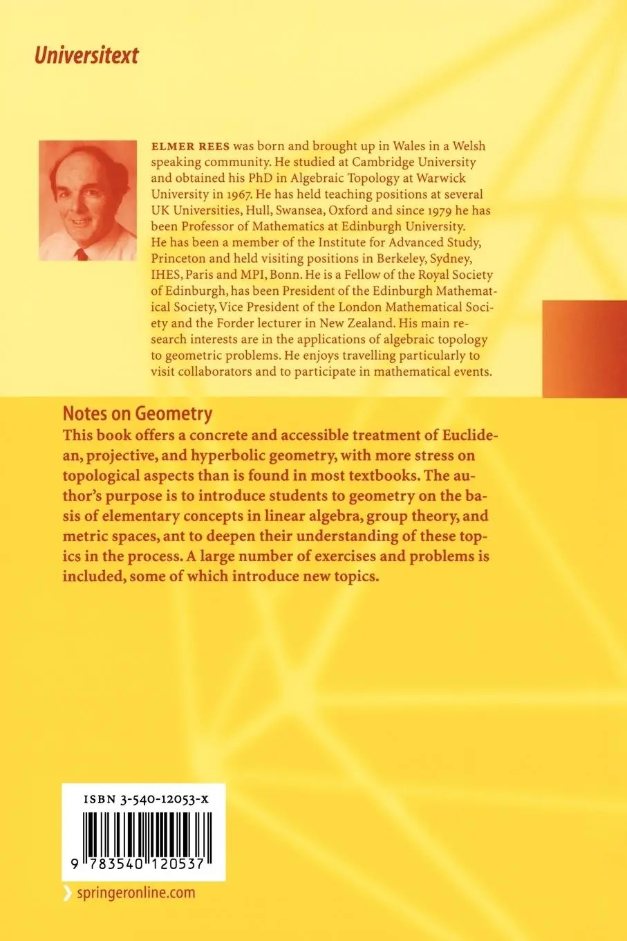 Rückseite: 9783540120537 | Notes on Geometry | Elmer G. Rees | Taschenbuch | viii | Englisch