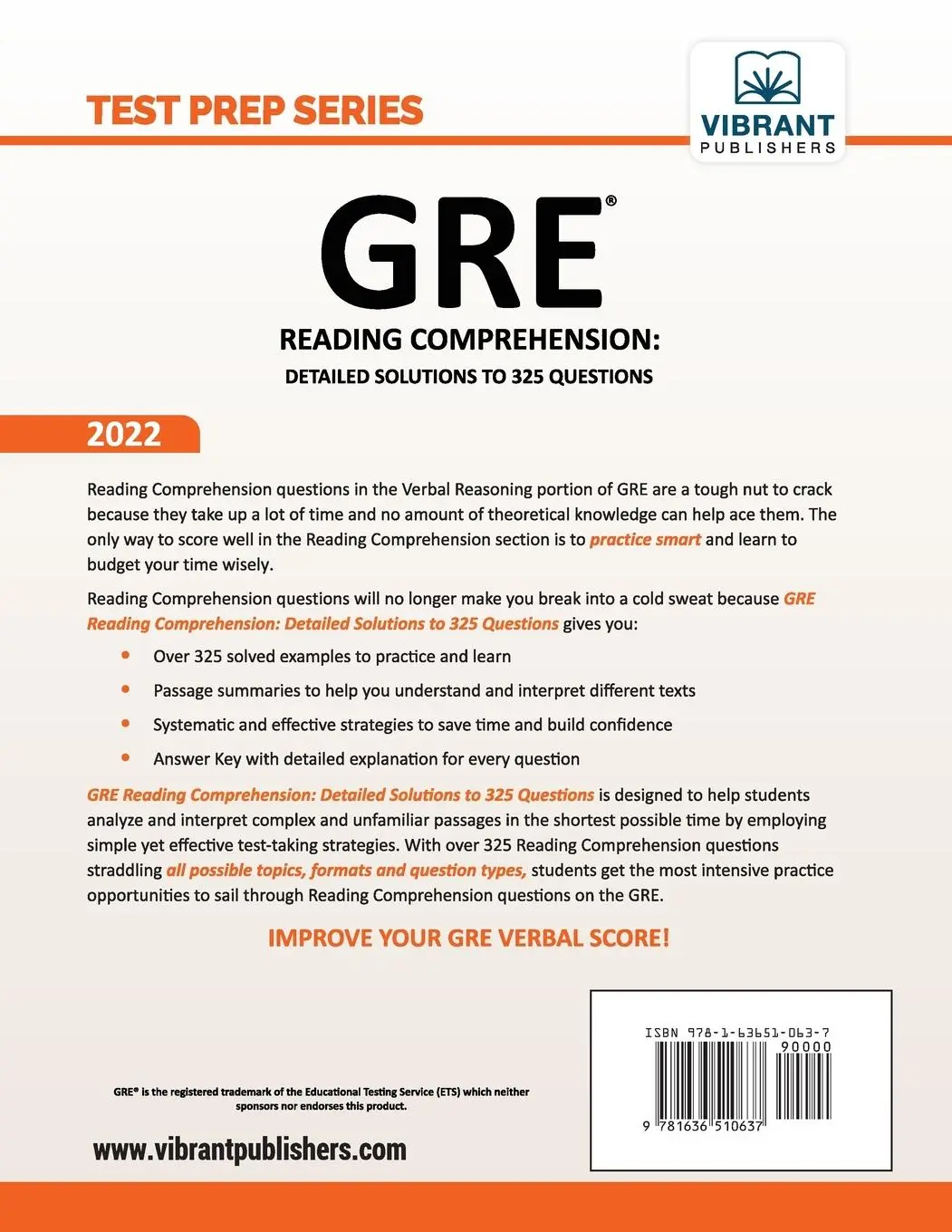 Rückseite: 9781636510637 | GRE Reading Comprehension | Detailed Solutions to 325 Questions | Buch