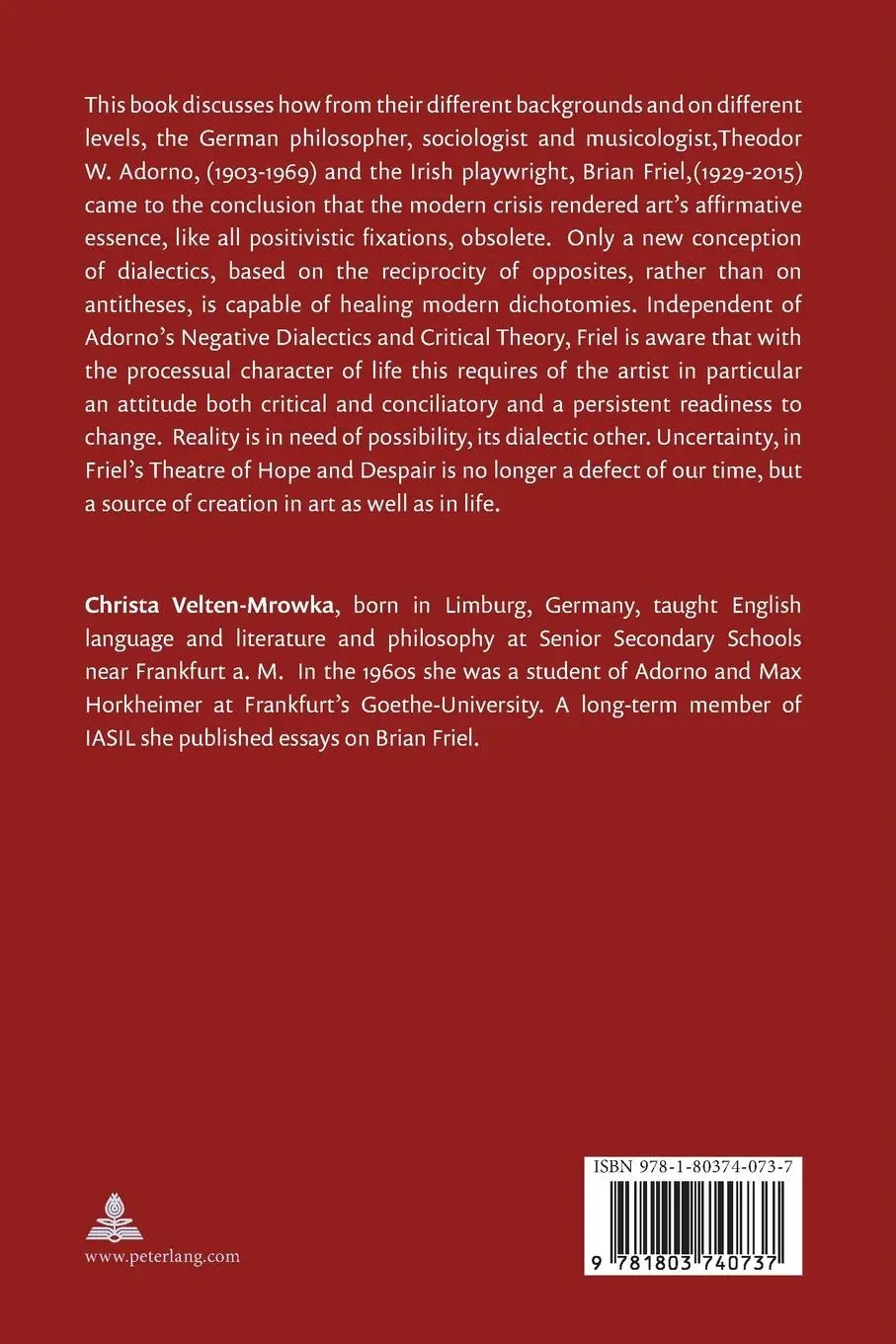 Rückseite: 9781803740737 | Brian Friel and Theodor W. Adorno | Essays on Two Modern Dialecticians