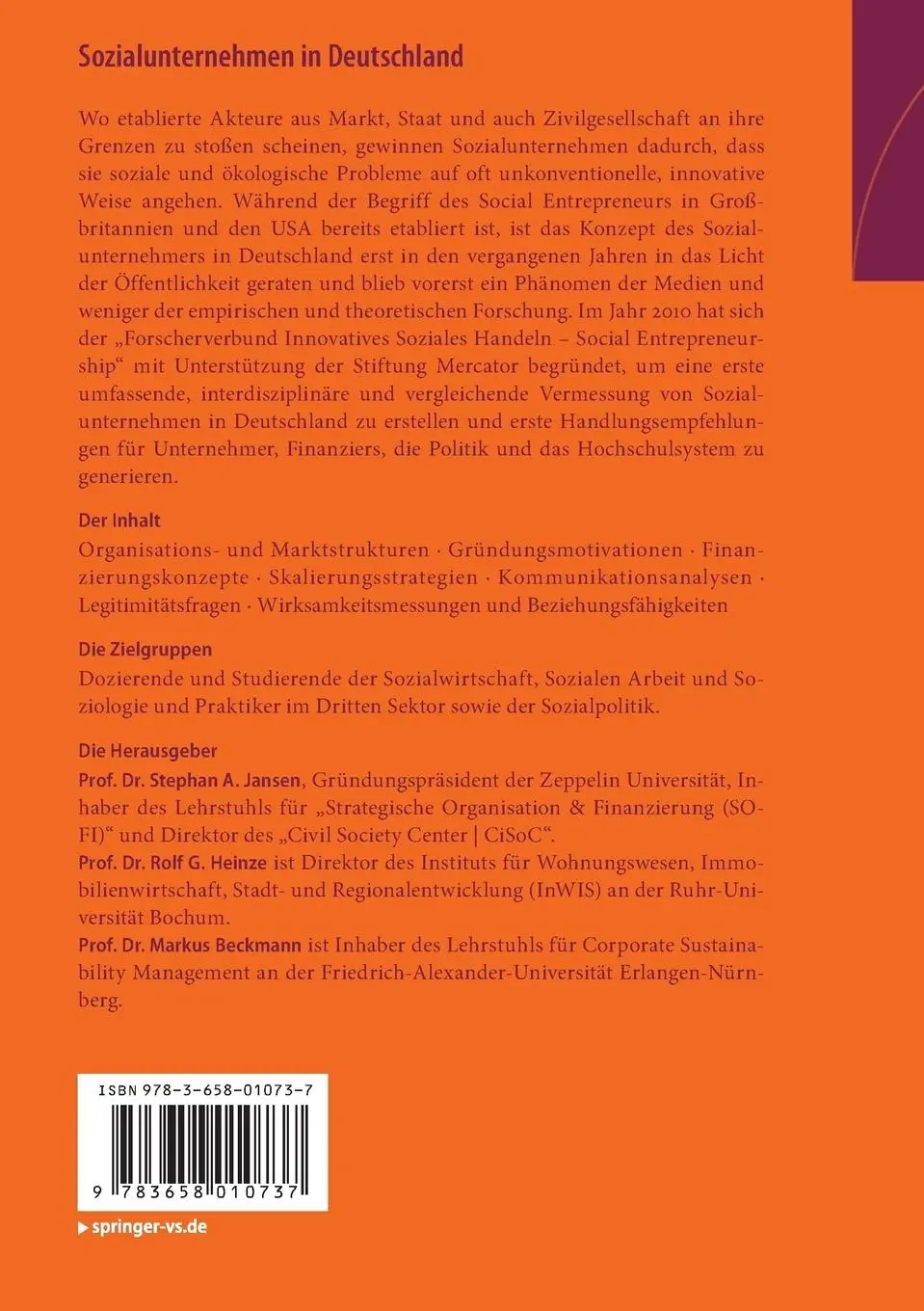 Rückseite: 9783658010737 | Sozialunternehmen in Deutschland | Stephan A Jansen (u. a.) | Buch