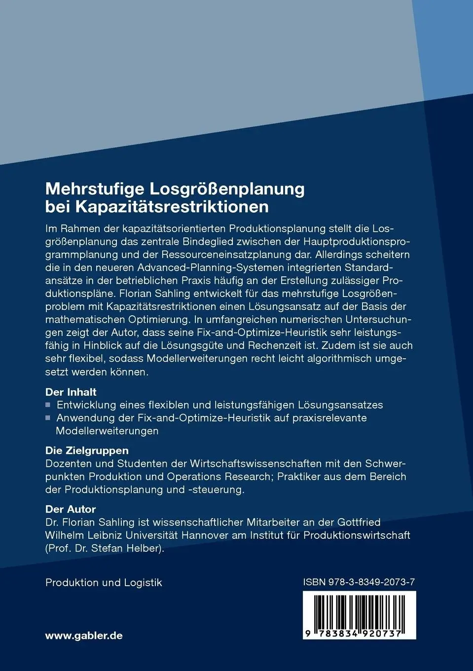 Rückseite: 9783834920737 | Mehrstufige Losgrößenplanung bei Kapazitätsrestriktionen | Sahling