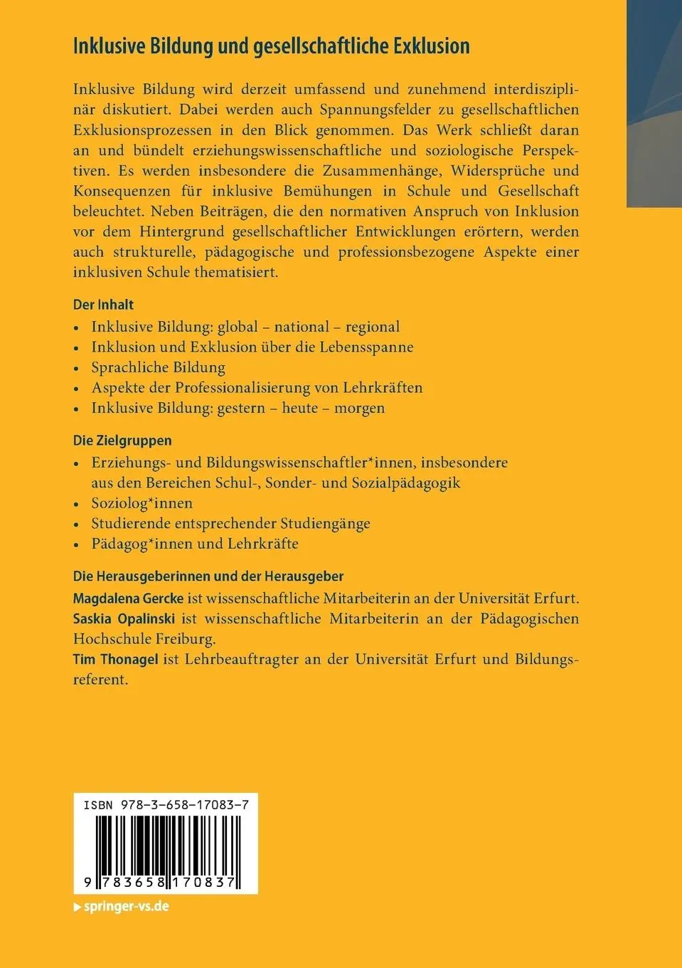 Rückseite: 9783658170837 | Inklusive Bildung und gesellschaftliche Exklusion | Gercke (u. a.)