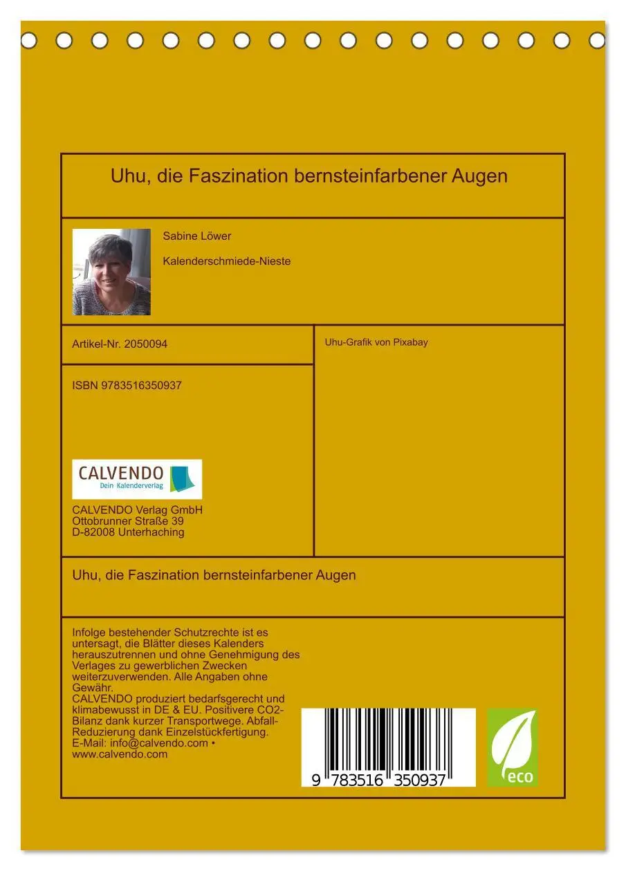 Bild: 9783516350937 | Uhu, die Faszination bernsteinfarbener Augen (Tischkalender 2026...
