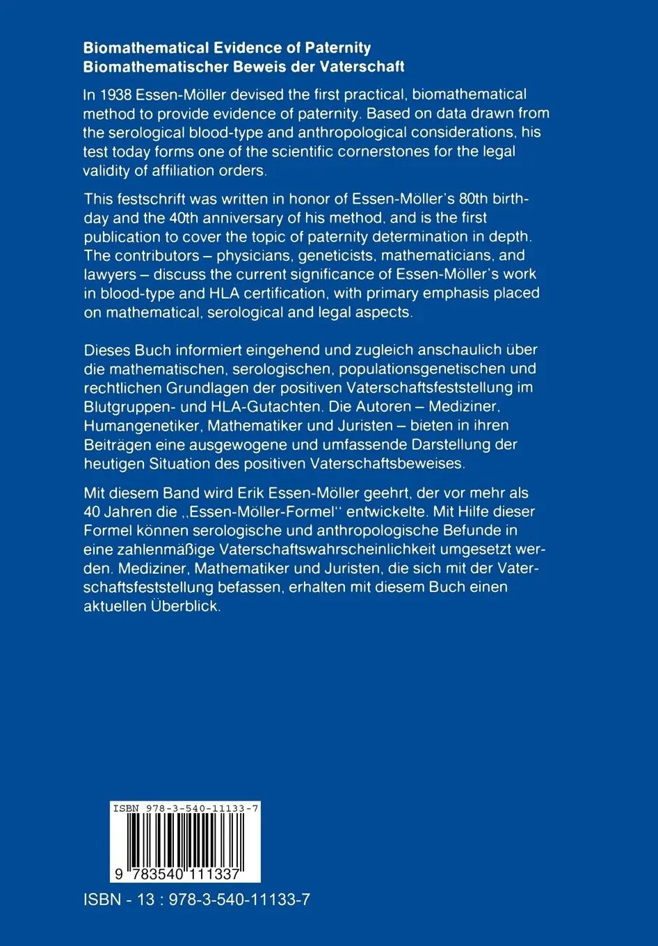 Rückseite: 9783540111337 | Biomathematical Evidence of Paternity / Biomathematischer Beweis...
