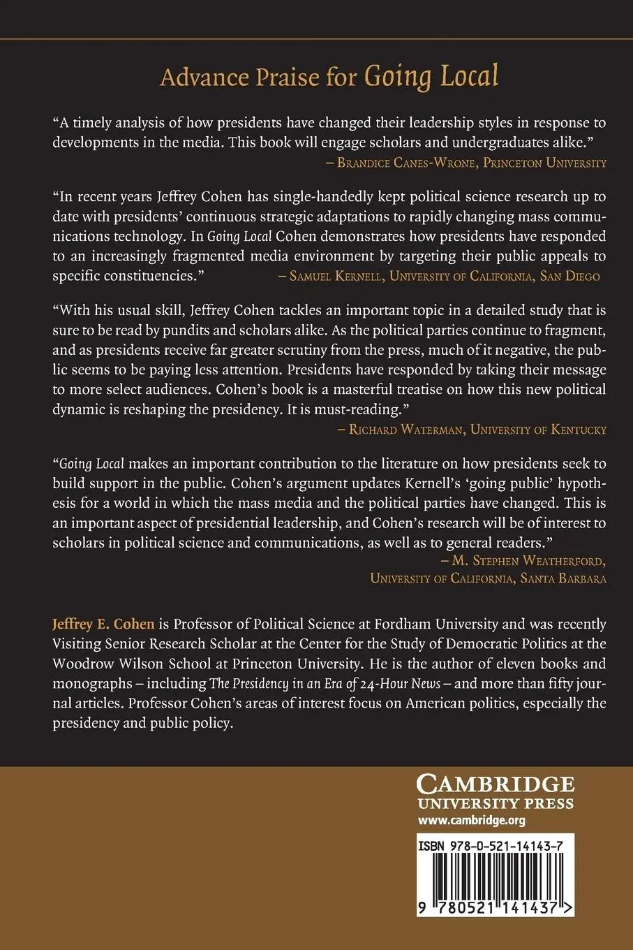 Rückseite: 9780521141437 | Going Local | Presidential Leadership in the Post-Broadcast Age | Buch