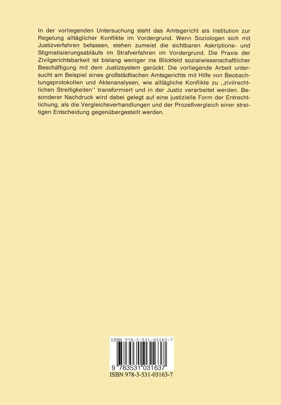 Rückseite: 9783531031637 | Der Vergleich im Zivilprozeß | Klaus F. Röhl | Taschenbuch | 317 S.