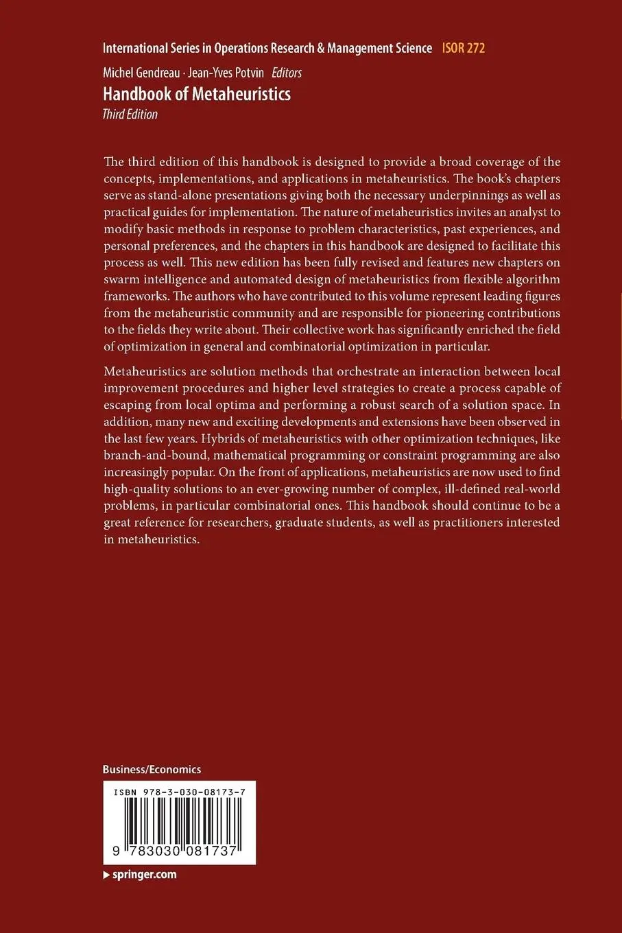 Rückseite: 9783030081737 | Handbook of Metaheuristics | Jean-Yves Potvin (u. a.) | Taschenbuch