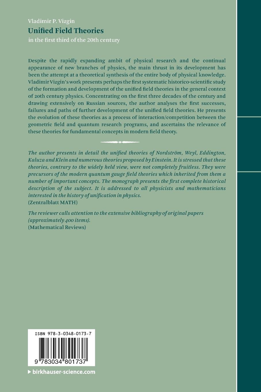 Rückseite: 9783034801737 | Unified Field Theories | in the first third of the 20th century | Buch