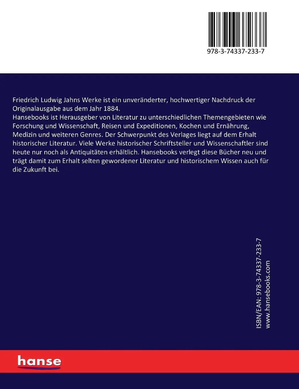 Rückseite: 9783743372337 | Friedrich Ludwig Jahns Werke | Friedrich Ludwig Jahn (u. a.) | Buch