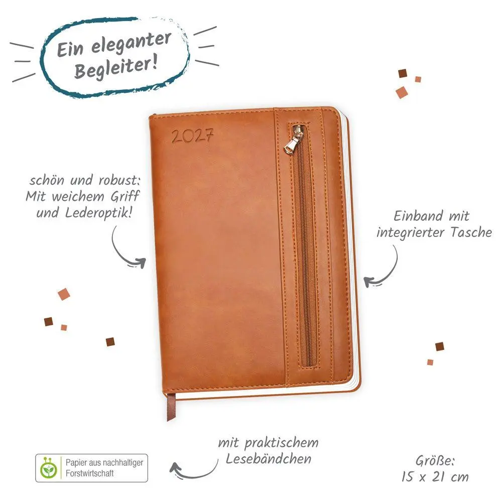 Bild: 4251901512437 | TRÖTSCH - Wochenplaner A5 mit Tasche Braun 2027 | Taschenkalender | KG
