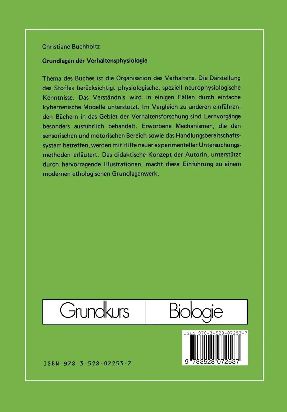 Rückseite: 9783528072537 | Grundlagen der Verhaltensphysiologie | Christiane Buchholtz | Buch