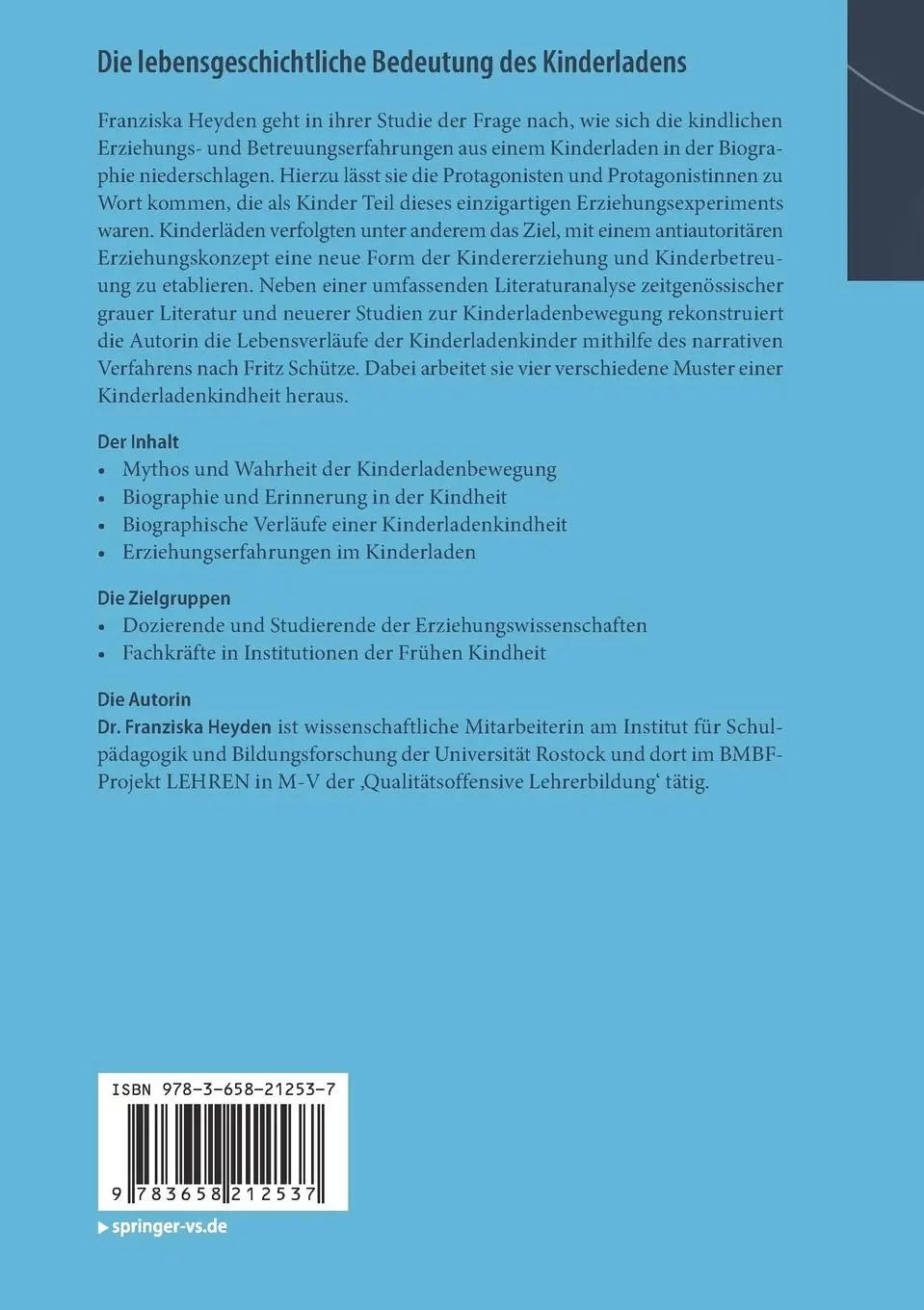 Rückseite: 9783658212537 | Die lebensgeschichtliche Bedeutung des Kinderladens | Franziska Heyden