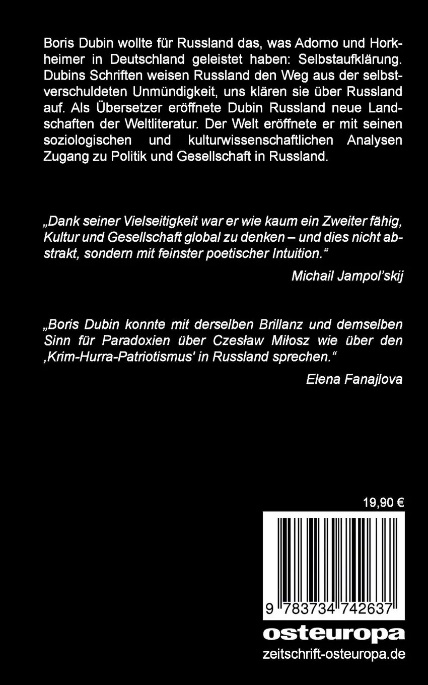 Rückseite: 9783734742637 | Das Unmögliche leben | Studien, Essays, Erinnerungen | Boris Dubin
