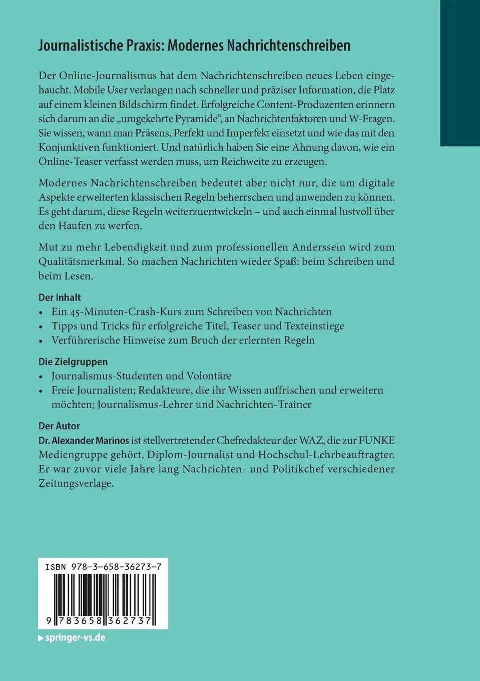 Rückseite: 9783658362737 | Journalistische Praxis: Modernes Nachrichtenschreiben | Marinos | Buch