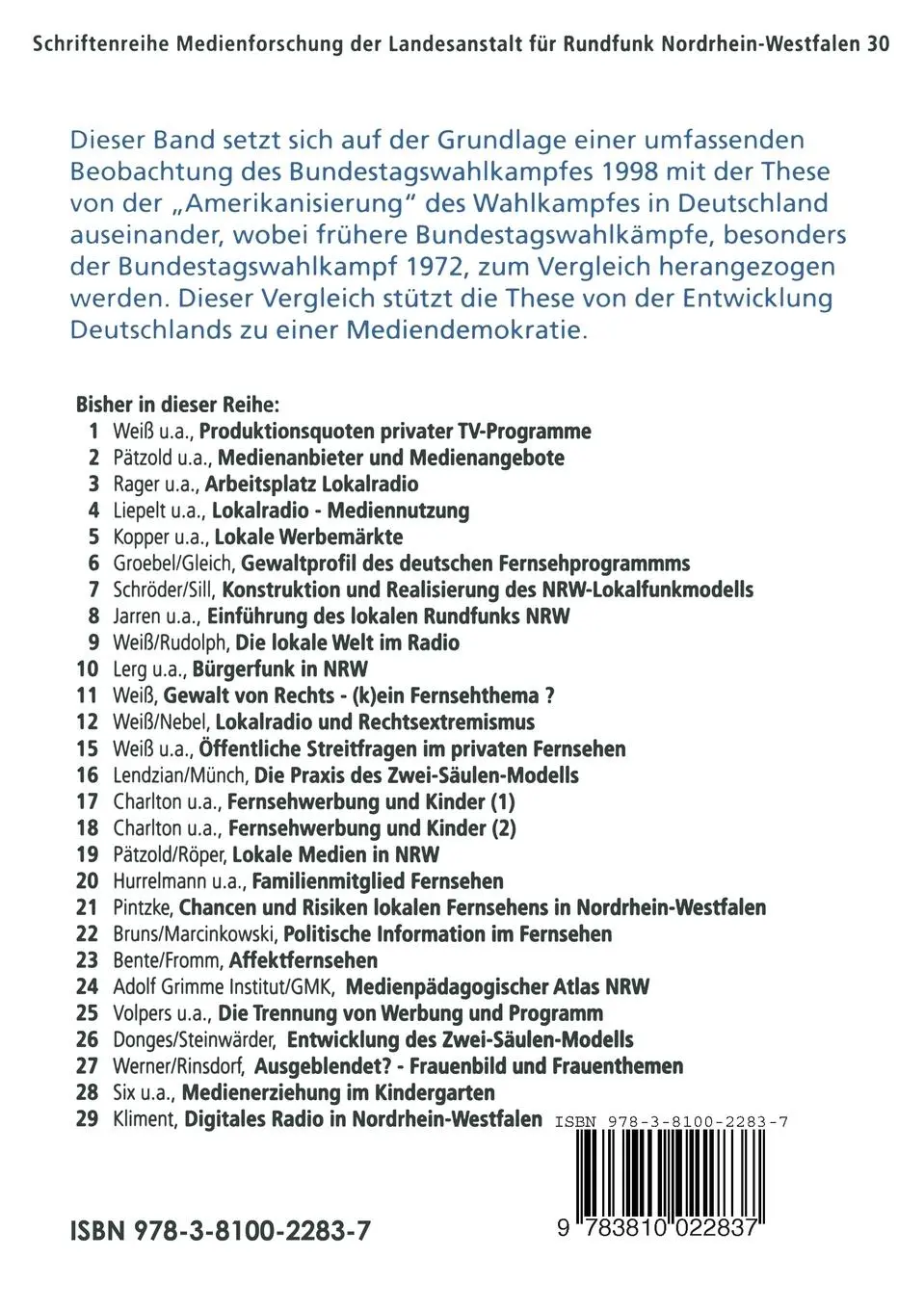 Rückseite: 9783810022837 | Von der Parteiendemokratie zur Mediendemokratie | Albrecht Müller