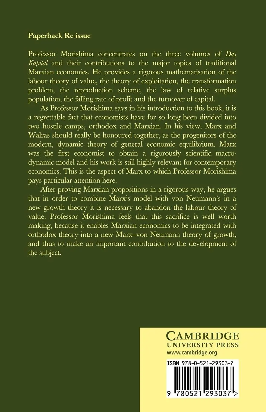 Rückseite: 9780521293037 | Marx's Economics | A Dual Theory of Value and Growth | Taschenbuch