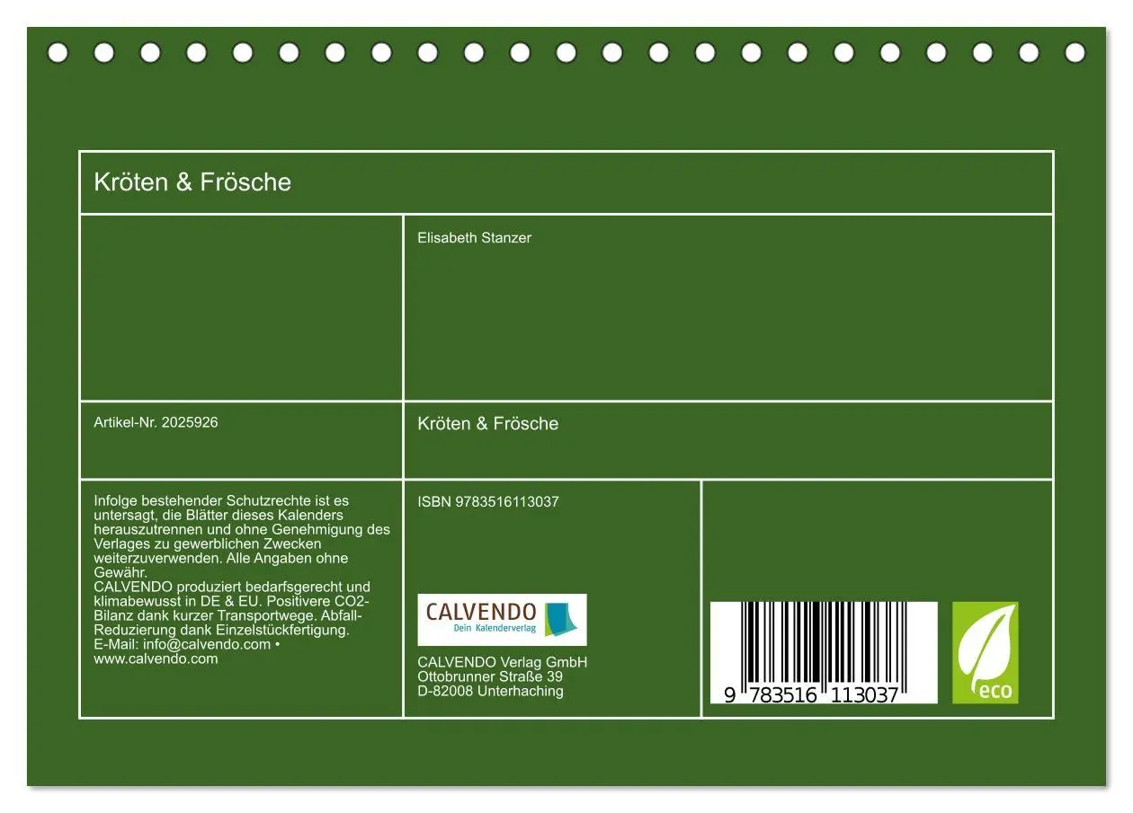 Bild: 9783516113037 | Kröten &amp; Frösche (Tischkalender 2026 DIN A5 quer), CALVENDO...