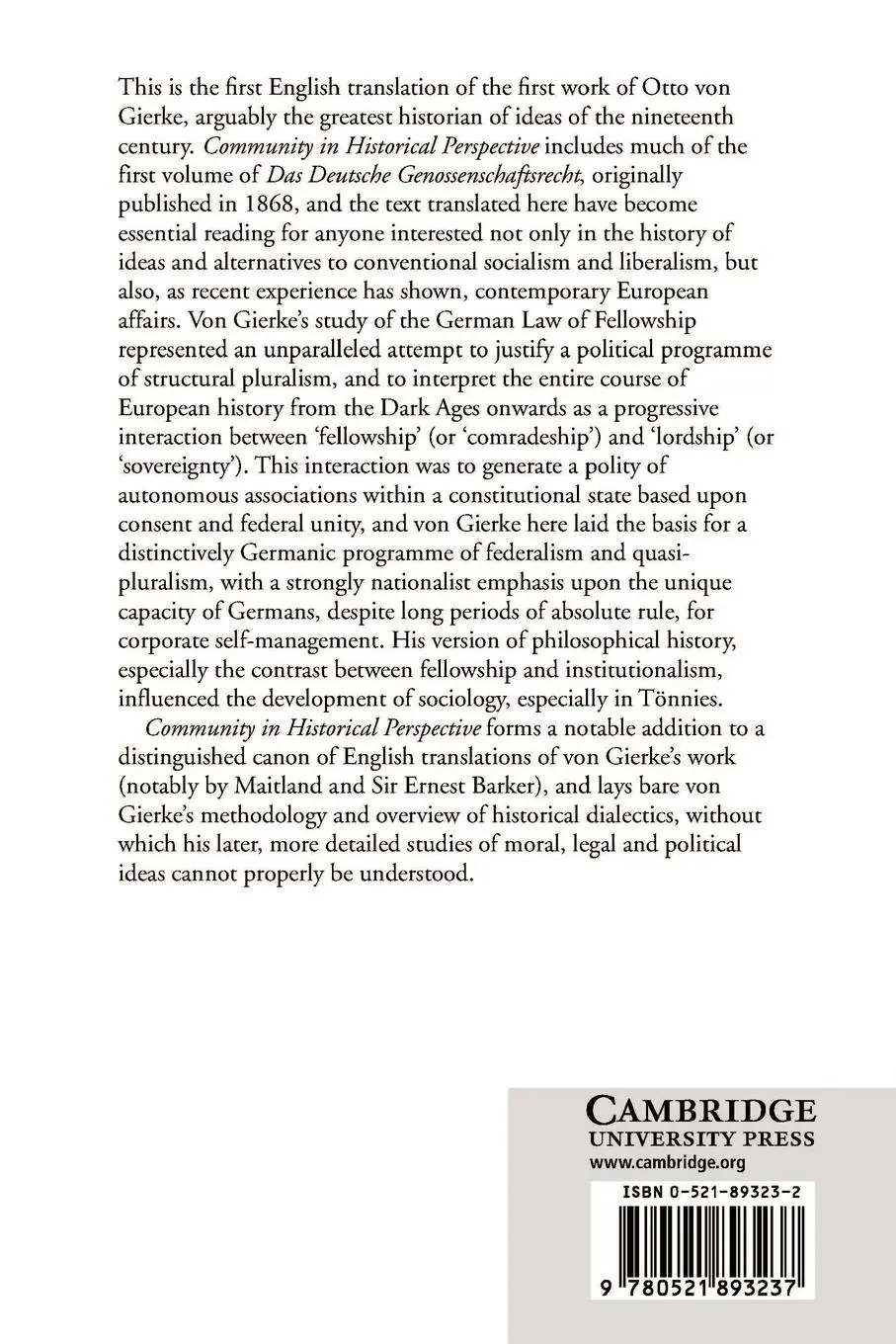 Rückseite: 9780521893237 | Community in Historical Perspective | Otto Von Gierke | Taschenbuch