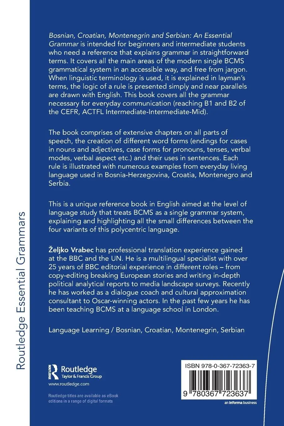 Rückseite: 9780367723637 | Bosnian, Croatian, Montenegrin and Serbian | An Essential Grammar