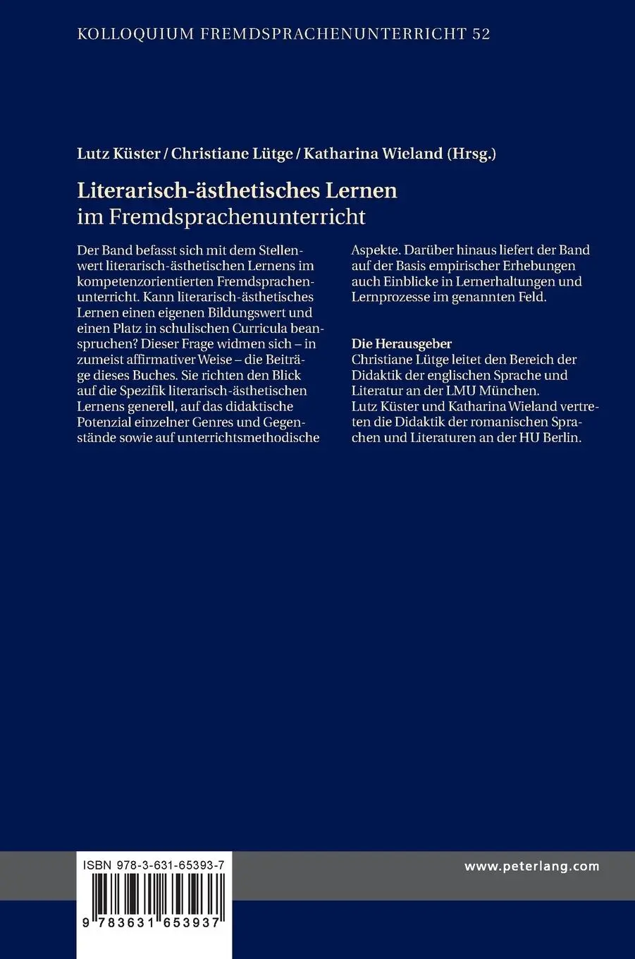 Rückseite: 9783631653937 | Literarisch-ästhetisches Lernen im Fremdsprachenunterricht | Buch