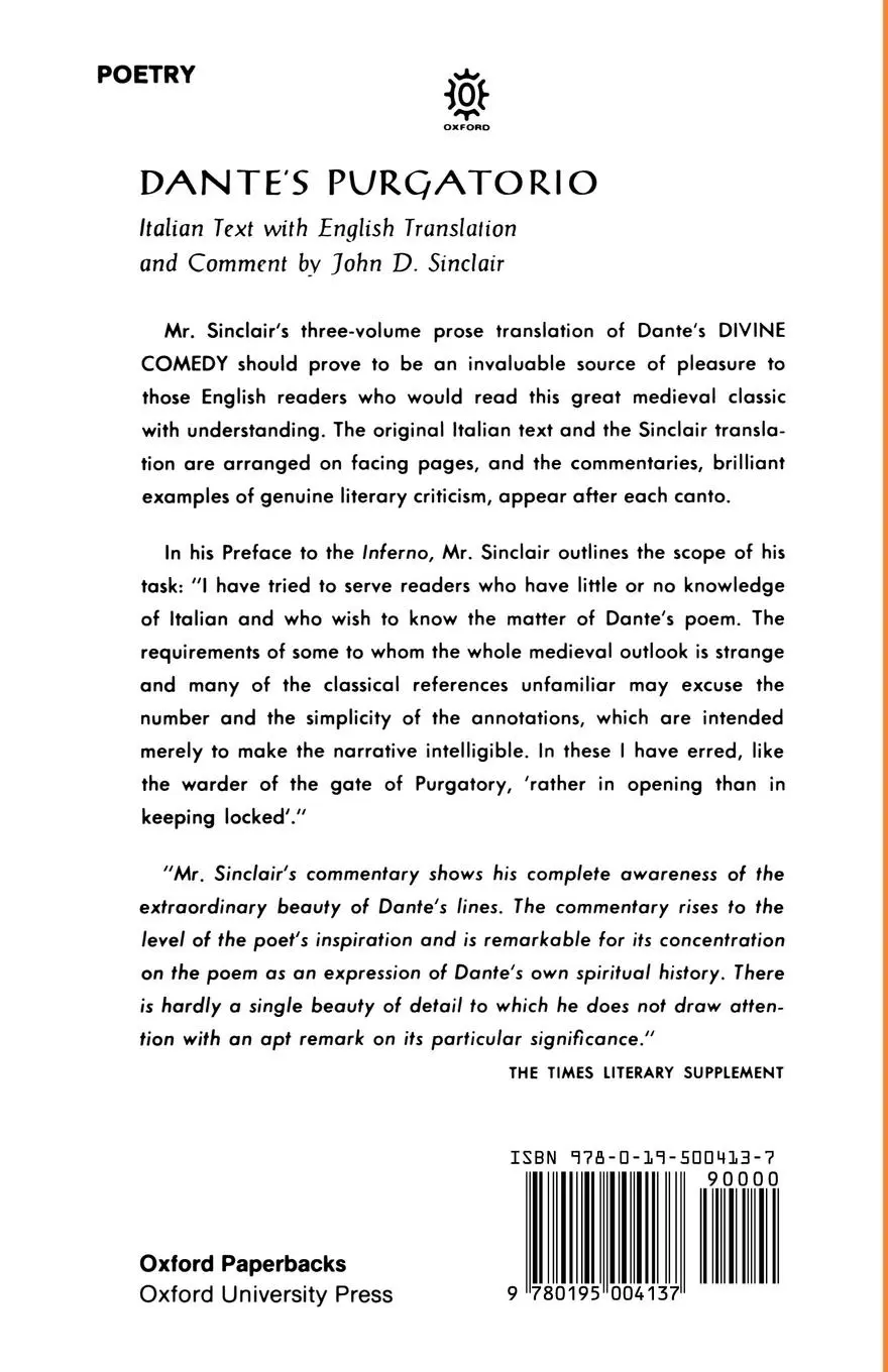 Rückseite: 9780195004137 | The Divine Comedy | Volume 2: Purgatorio | Dante Alighieri (u. a.)