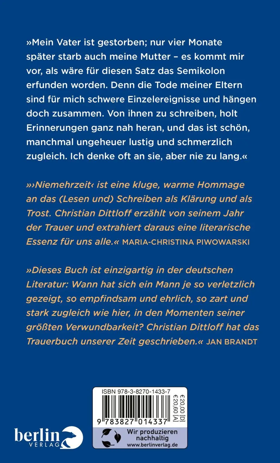 Rückseite: 9783827014337 | Niemehrzeit | Christian Dittloff | Buch | 224 S. | Deutsch | 2021