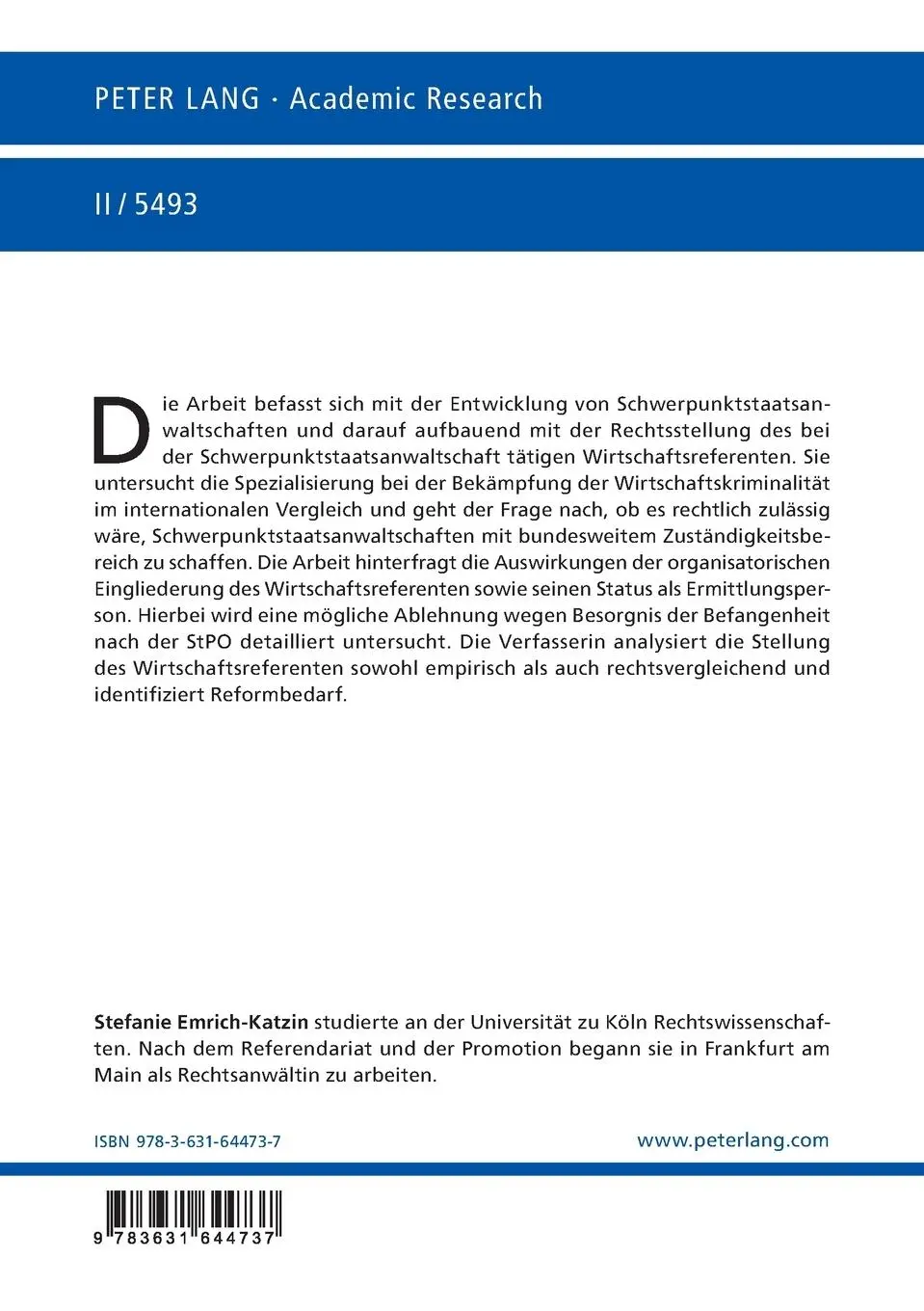 Rückseite: 9783631644737 | Schwerpunktstaatsanwaltschaften im Wirtschaftsstrafrecht und die...