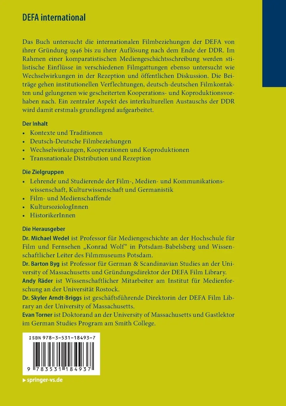 Rückseite: 9783531184937 | DEFA international | Michael Wedel (u. a.) | Taschenbuch | viii | 2013