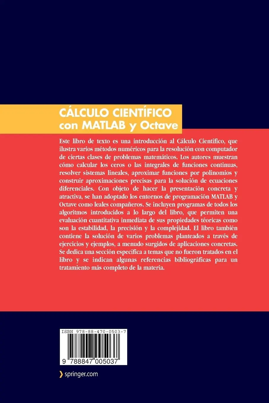 Rückseite: 9788847005037 | Cálculo Cientifico con MATLAB y Octave | Alfio Quarteroni (u. a.)