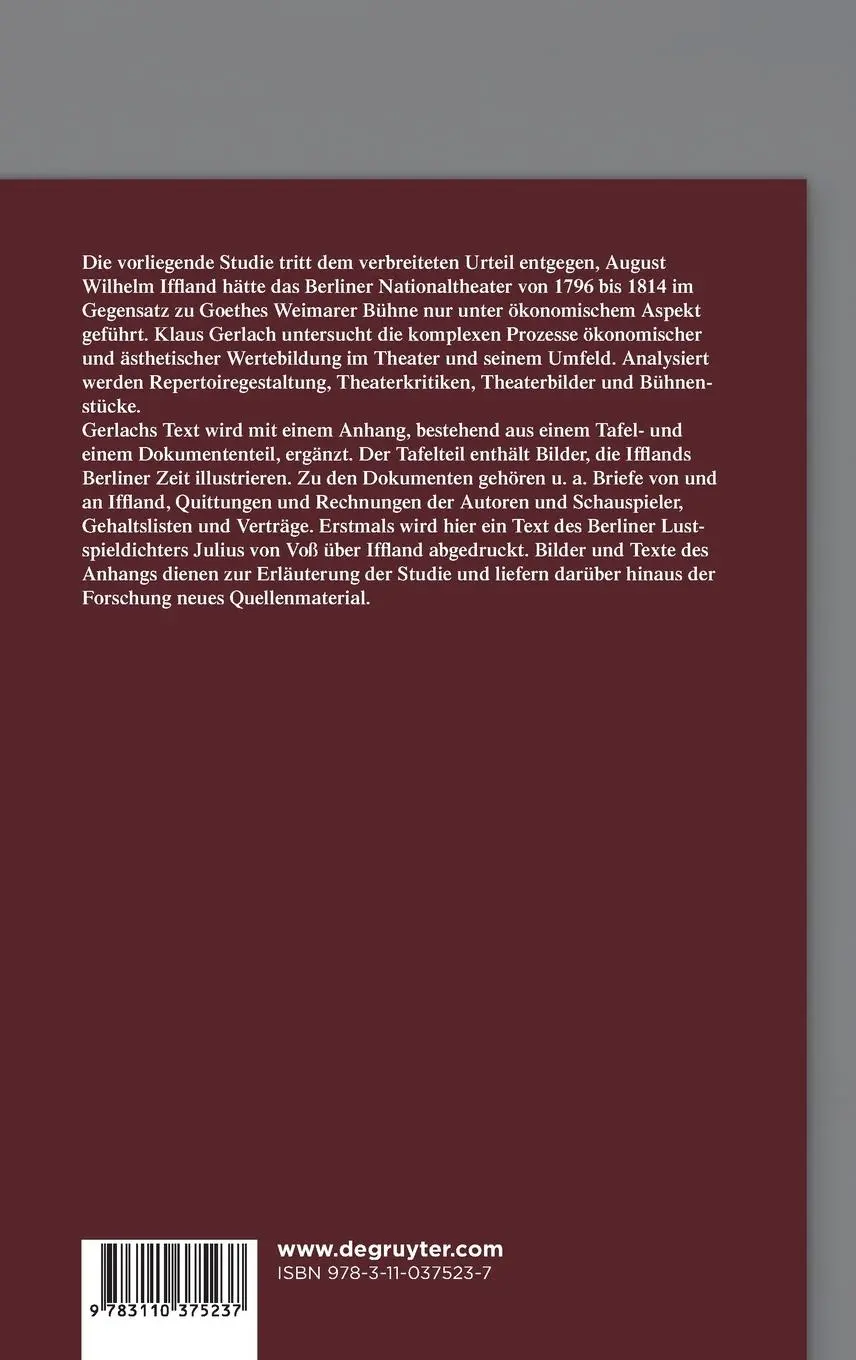 Rückseite: 9783110375237 | August Wilhelm Ifflands Berliner Bühne | Klaus Gerlach | Buch | 365 S.