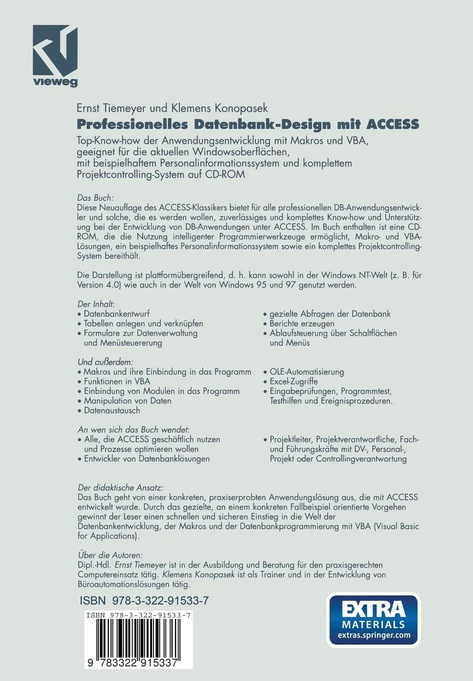 Rückseite: 9783322915337 | Professionelles Datenbank-Design mit ACCESS | Klemens Konopasek | Buch