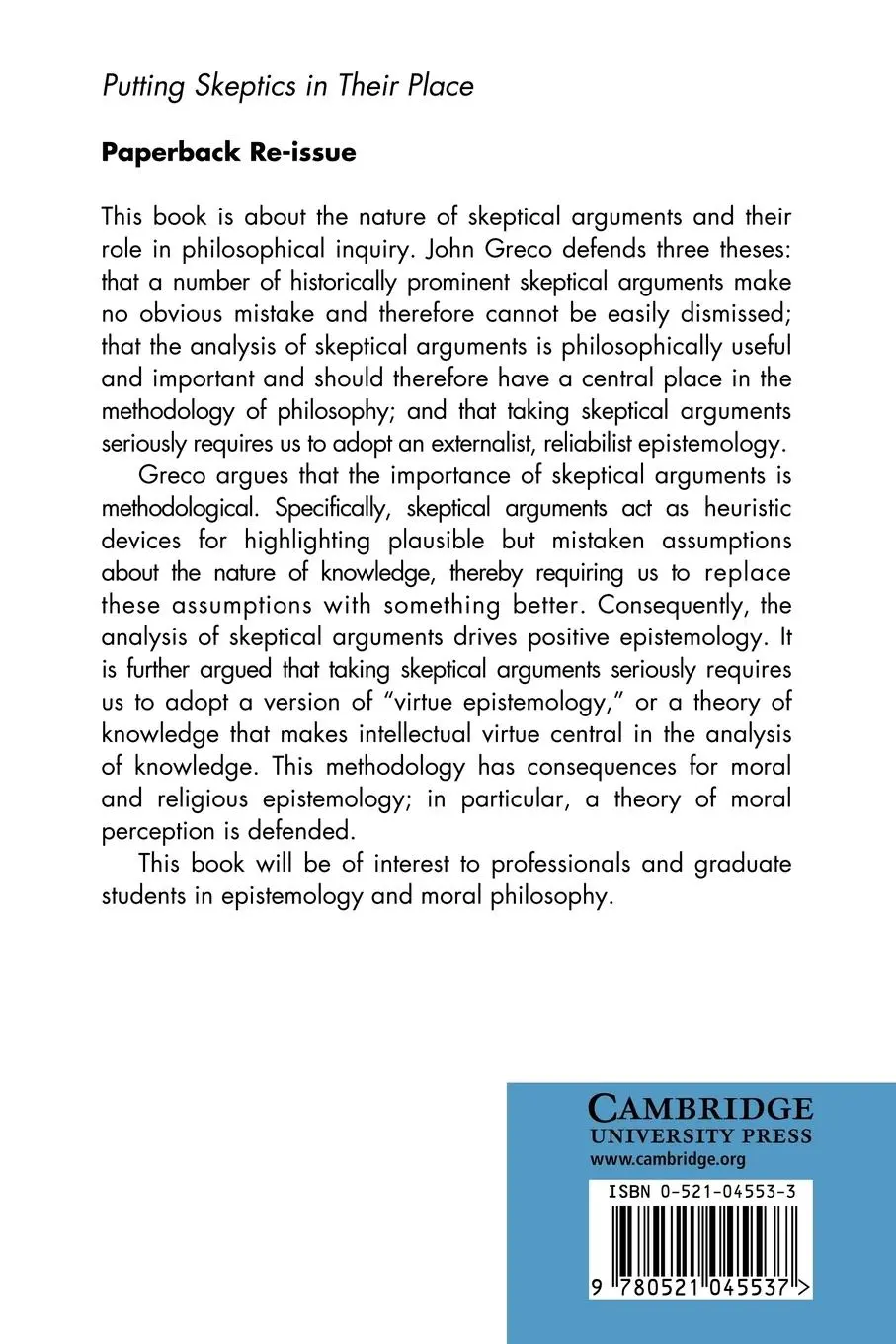 Rückseite: 9780521045537 | Putting Skeptics in Their Place | John Greco (u. a.) | Taschenbuch