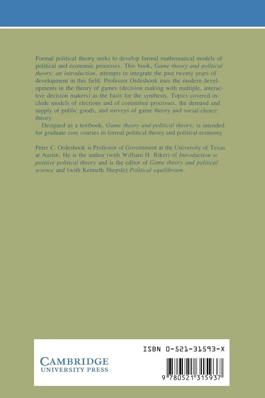 Rückseite: 9780521315937 | Game Theory and Political Theory | An Introduction | Ordeshook | Buch