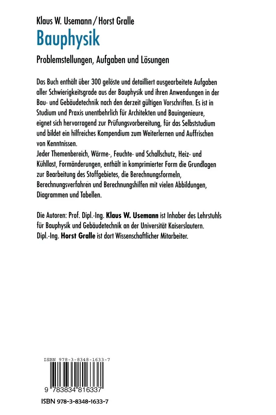 Rückseite: 9783834816337 | Bauphysik | Problemstellungen, Aufgaben und Lösungen | Gralle (u. a.)