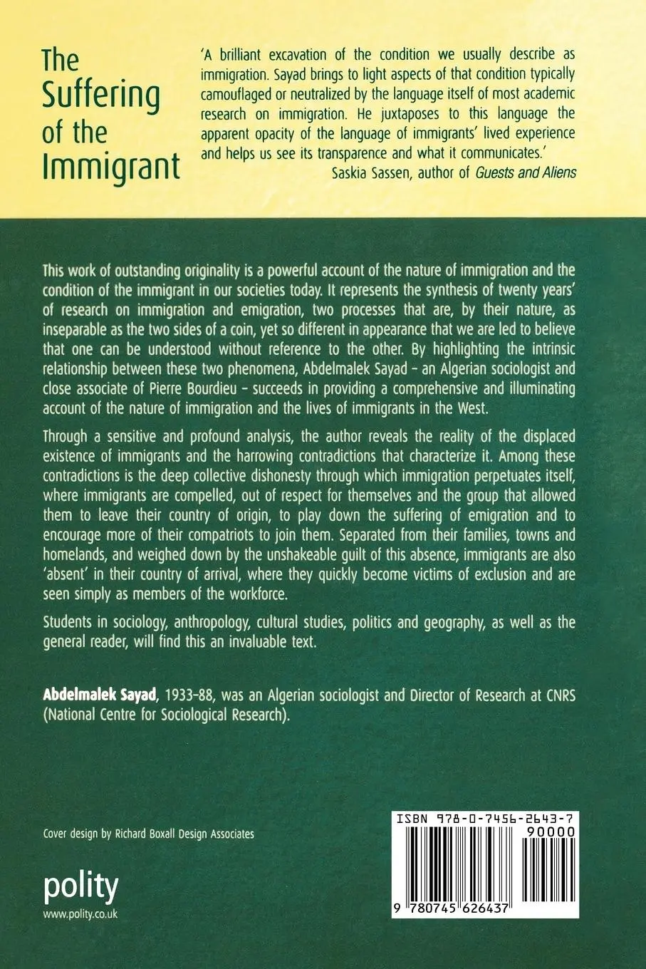 Rückseite: 9780745626437 | The Suffering of the Immigrant | Abdelmalek Sayad | Taschenbuch | 2004