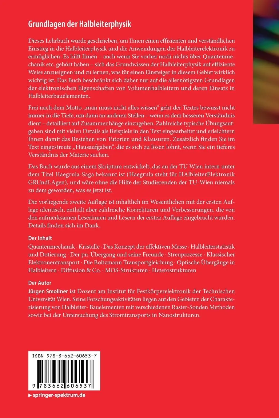 Rückseite: 9783662606537 | Grundlagen der Halbleiterphysik | Jürgen Smoliner | Taschenbuch | xvii