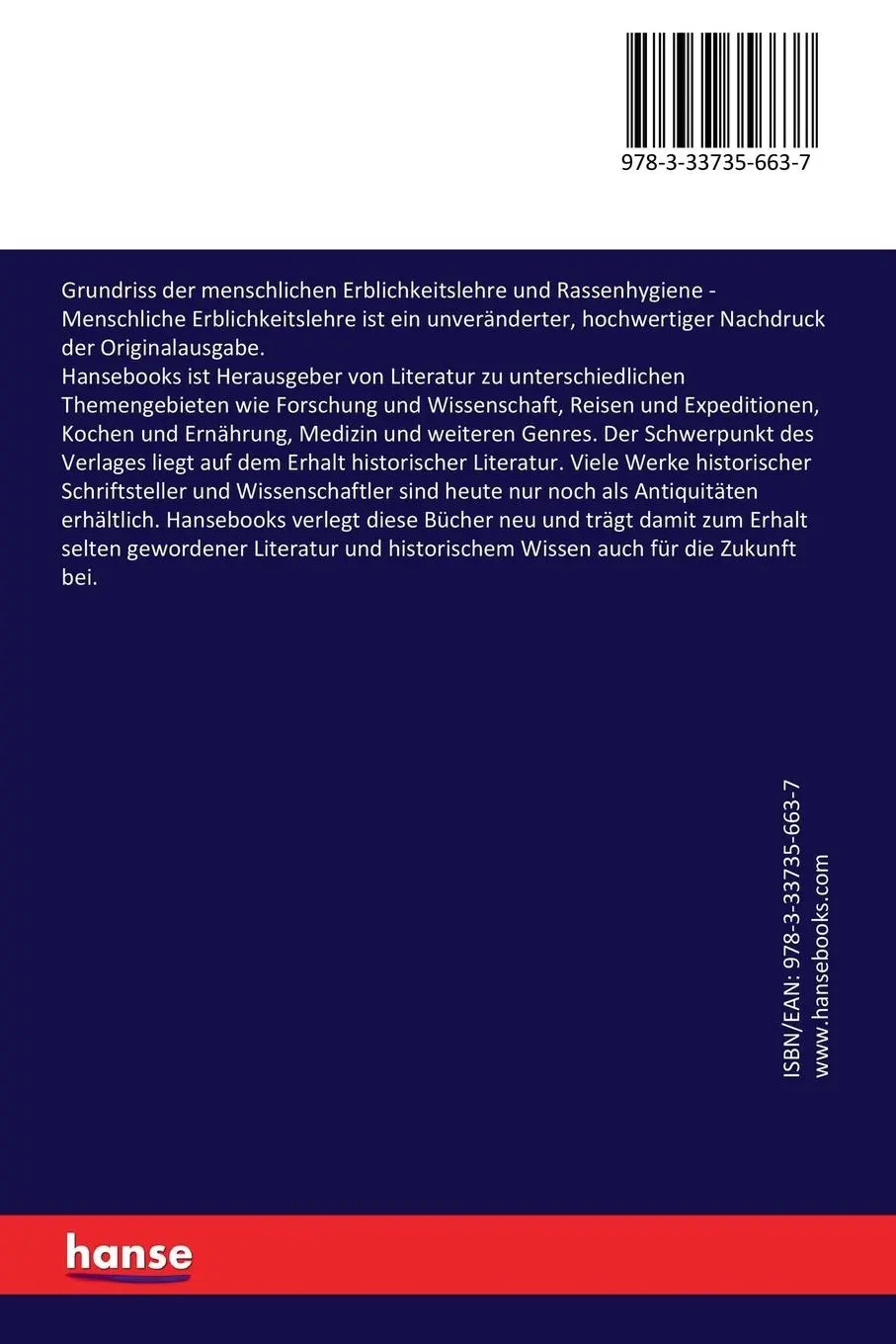 Rückseite: 9783337356637 | Grundriss der menschlichen Erblichkeitslehre und Rassenhygiene | Buch