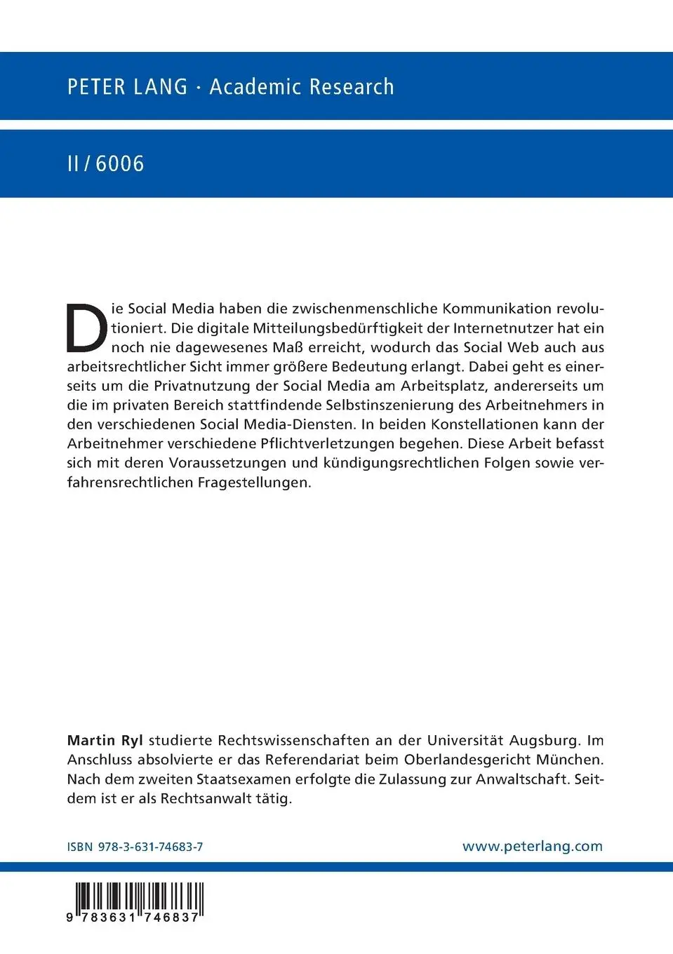 Rückseite: 9783631746837 | Die Auswirkungen der Social Media auf die verhaltensbedingte Kündigung