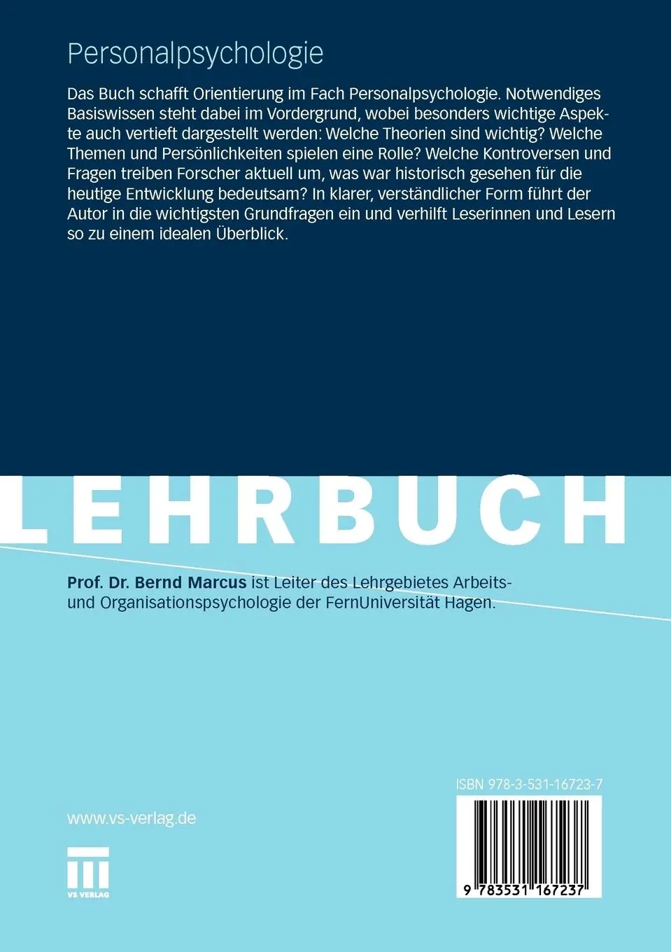Rückseite: 9783531167237 | Personalpsychologie | Bernd Marcus | Taschenbuch | Paperback | 156 S.