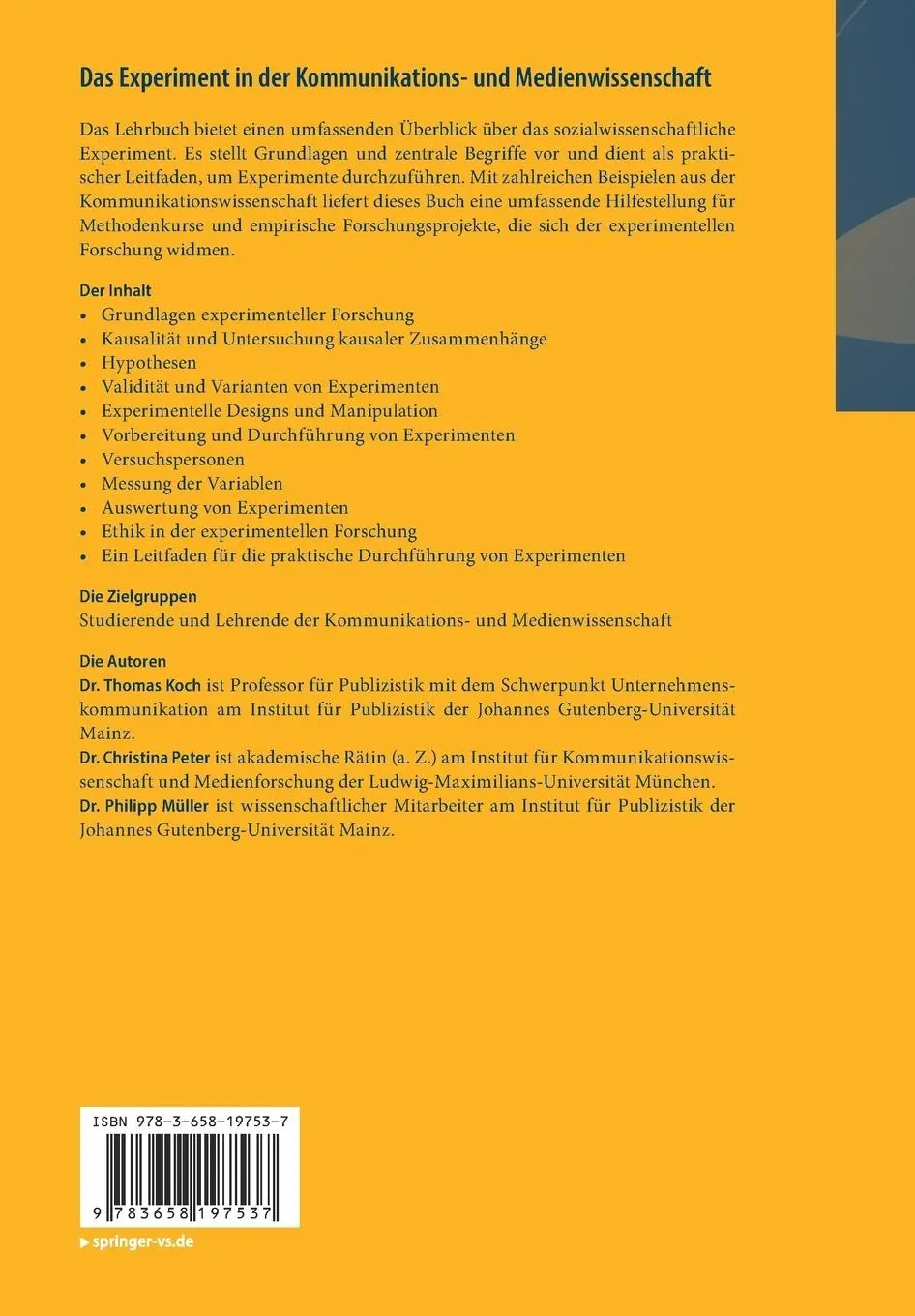 Rückseite: 9783658197537 | Das Experiment in der Kommunikations- und Medienwissenschaft | Buch