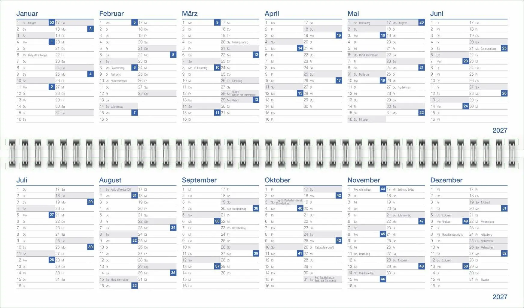 Bild: 9783756417537 | Wochenquerplaner, blau 2027 | Heye | Kalender | Bürokalender Heye