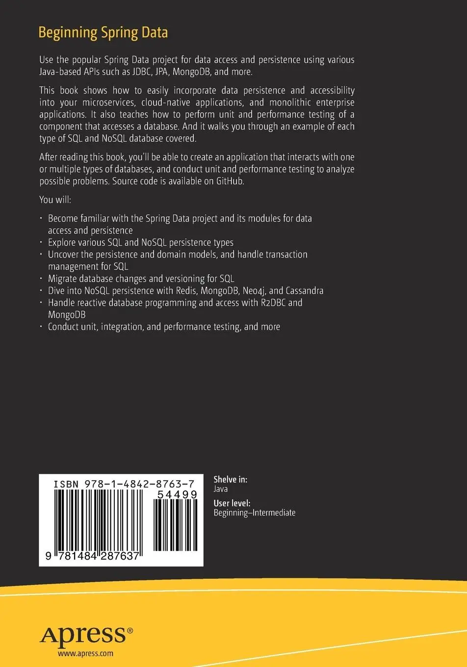 Rückseite: 9781484287637 | Beginning Spring Data | Andres Sacco | Taschenbuch | xxii | Englisch