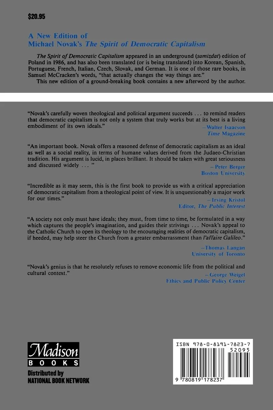 Rückseite: 9780819178237 | The Spirit of Democratic Capitalism | Michael Novak | Taschenbuch