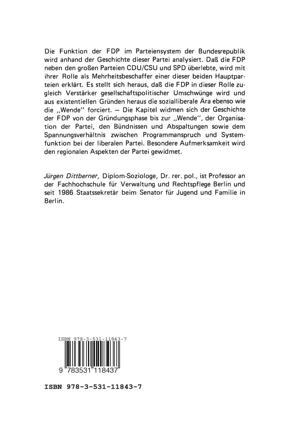 Rückseite: 9783531118437 | FDP - Partei der zweiten Wahl | Jürgen Dittberner | Taschenbuch | 1986