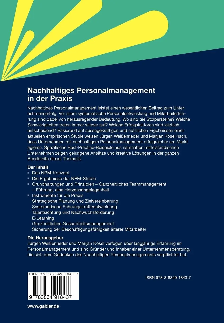 Rückseite: 9783834918437 | Nachhaltiges Personalmanagement in der Praxis | Marijan Kosel (u. a.)