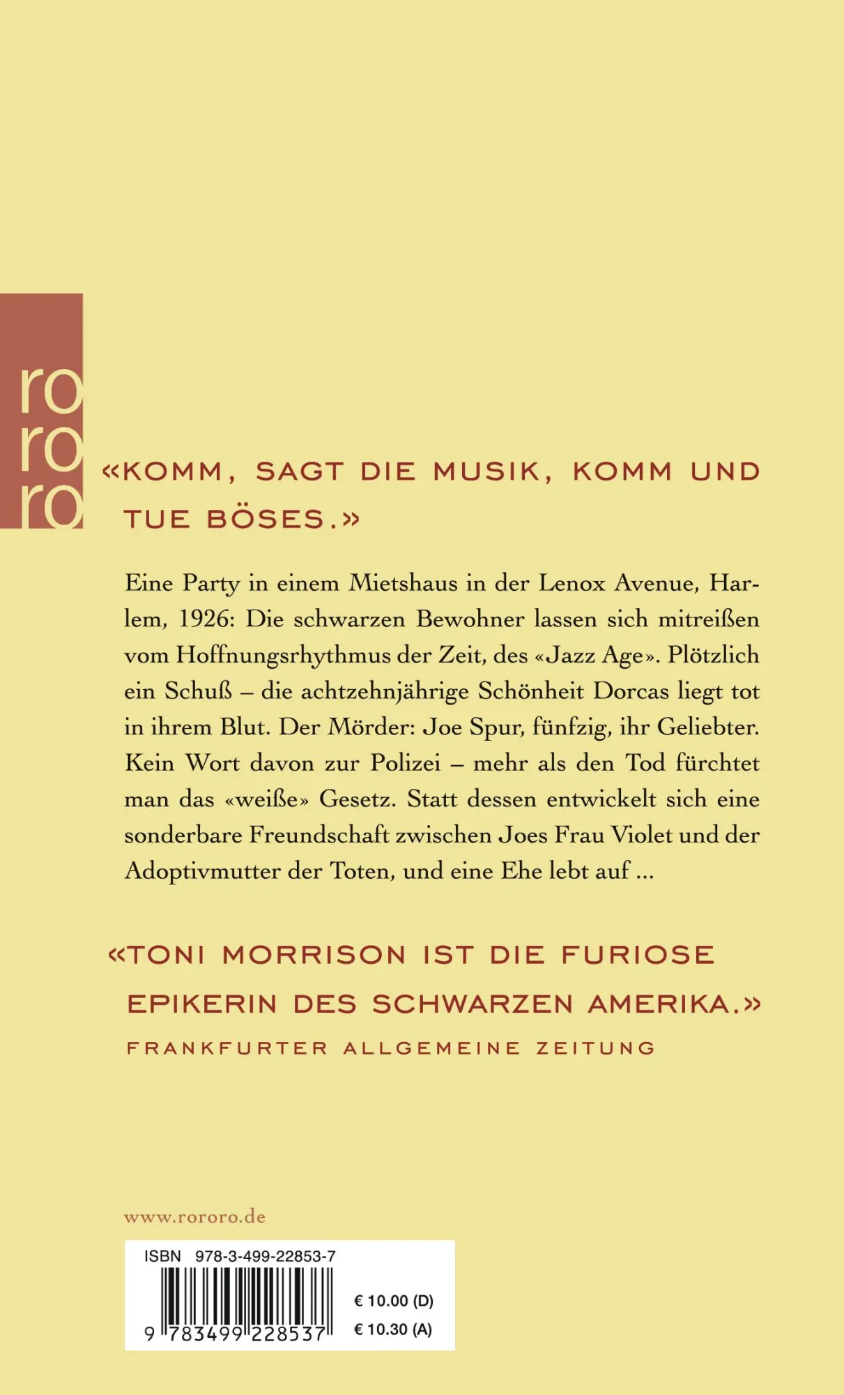 Rückseite: 9783499228537 | Jazz | Toni Morrison | Taschenbuch | 256 S. | Deutsch | 1994