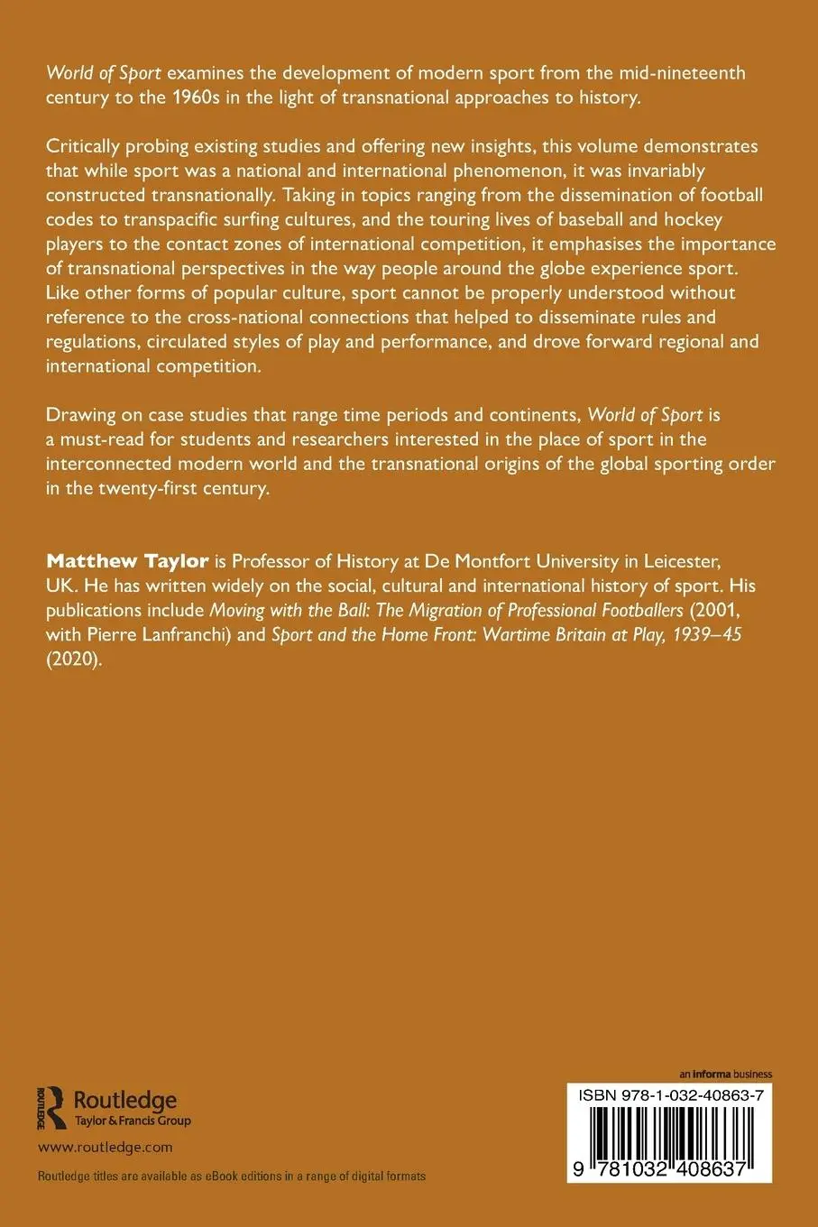 Rückseite: 9781032408637 | World of Sport | Transnational and Connected Histories | Taylor | Buch