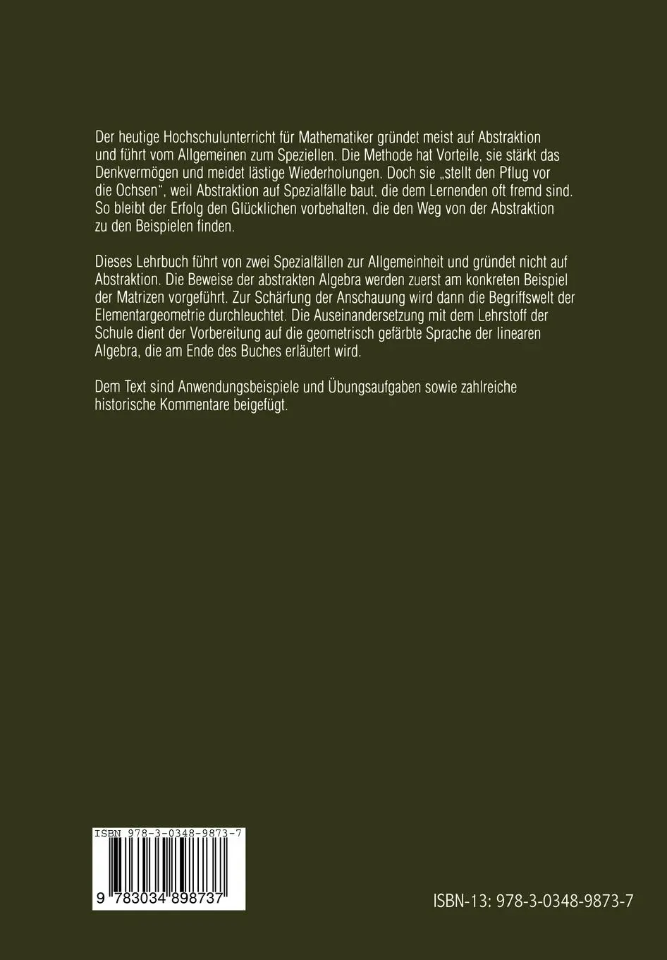 Rückseite: 9783034898737 | Matrizen, Geometrie, Lineare Algebra | Peter Gabriel | Taschenbuch